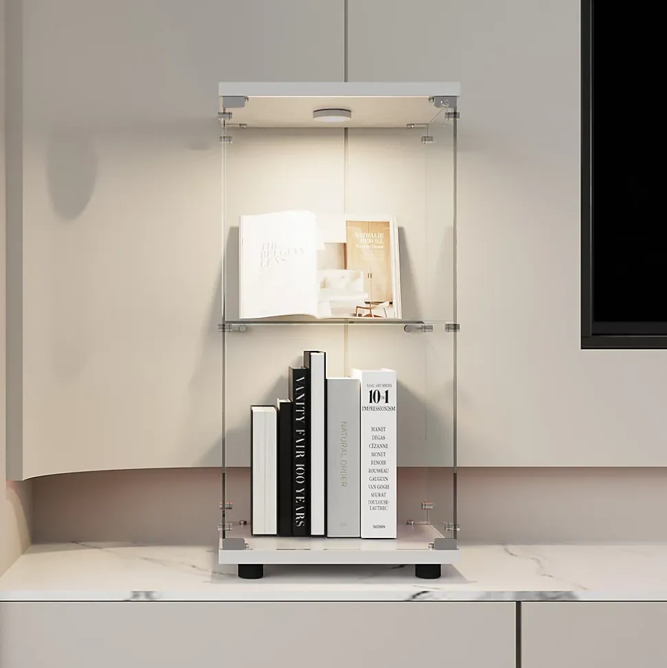 Vitrine en verre trempé à 2 niveaux avec porte, structure en métal blanc et éclairage LED intégré, Design moderne et élégant
