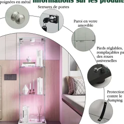 Vitrine en verre trempé avec éclairage LED, vitrine transparente 360, Blanc