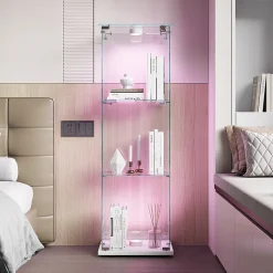 Vitrine en verre trempé avec éclairage LED, vitrine transparente 360, Blanc