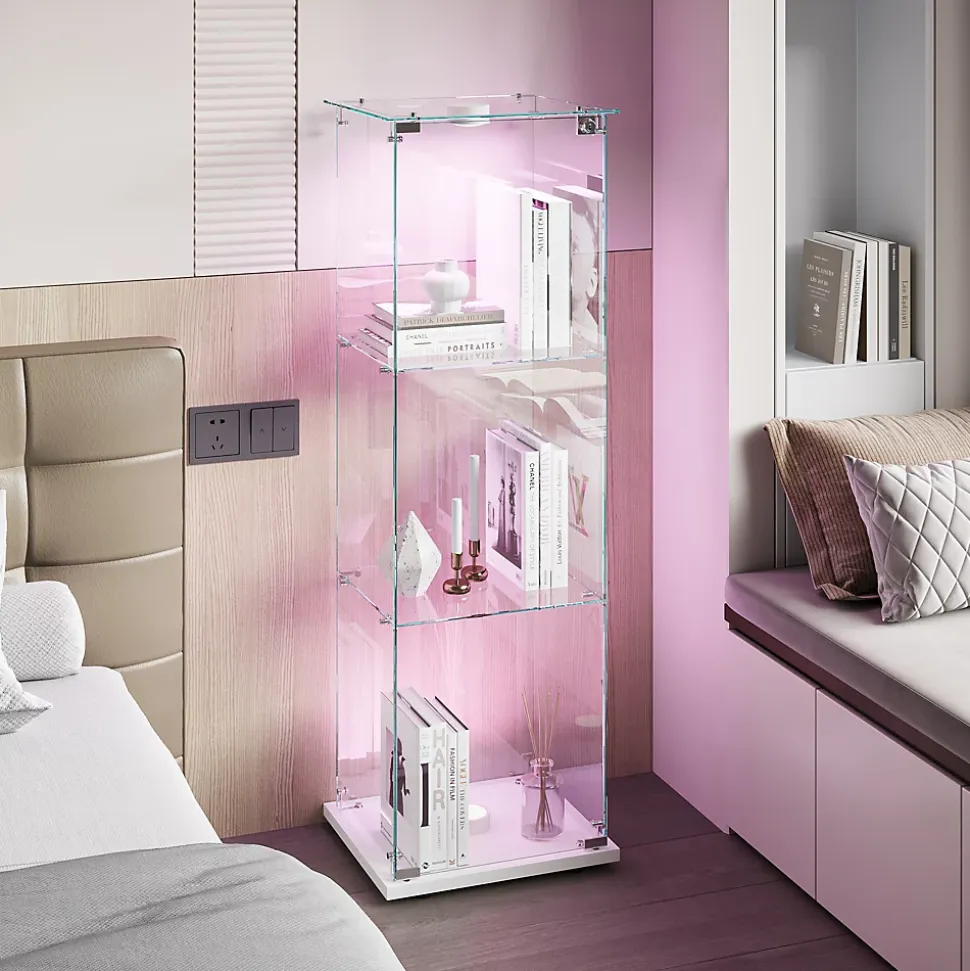 Vitrine en verre trempé avec éclairage LED, vitrine transparente 360, Blanc
