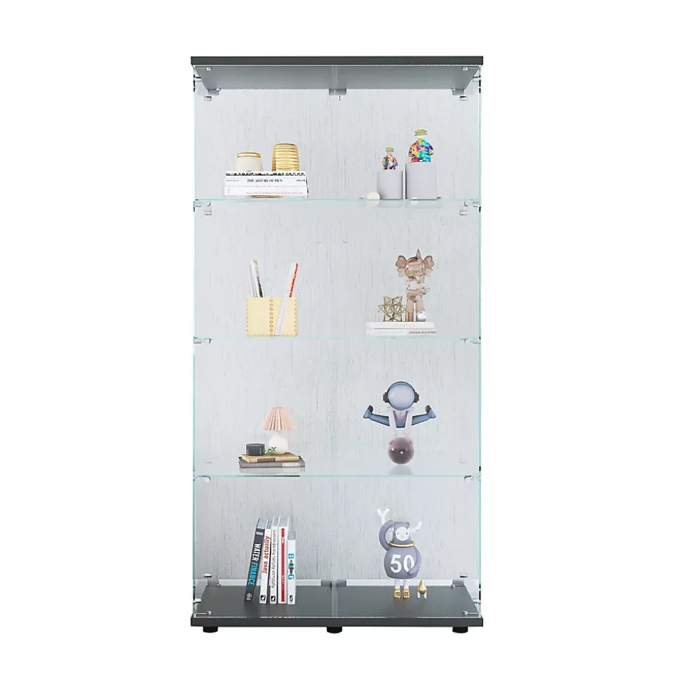Vitrine en verre trempé noire 2 portes, 4 étagères, meuble vitrine sur pied pour salon chambre bureau