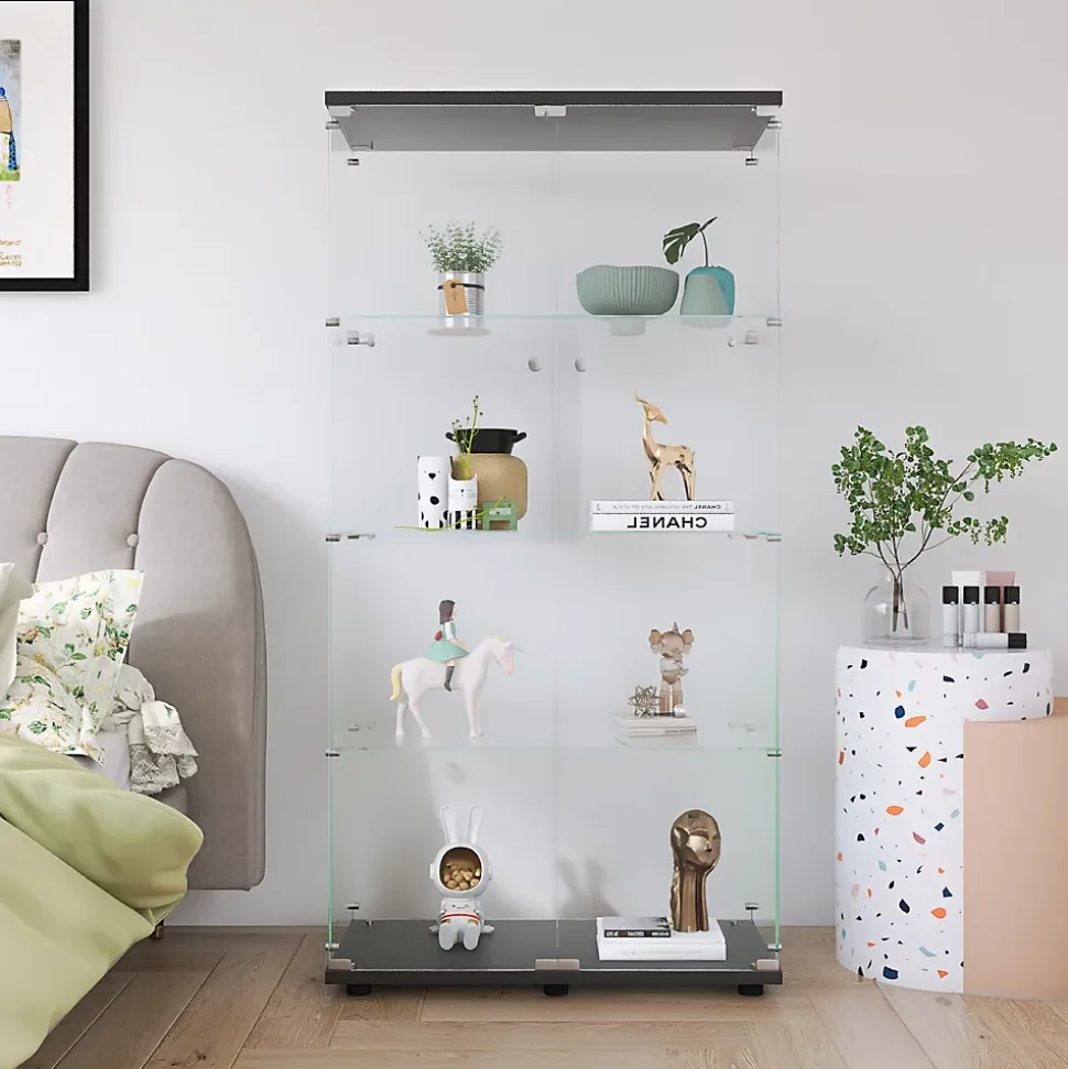 Vitrine en verre trempé noire 2 portes, 4 étagères, meuble vitrine sur pied pour salon chambre bureau