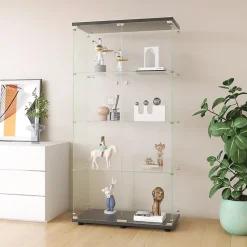 Vitrine en verre trempé noire 2 portes, 4 étagères, meuble vitrine sur pied pour salon chambre bureau