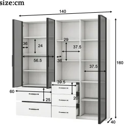Vitrine en verre 140x40x160 cm - Avec éclairage LED - 3 portes vitrées et 5 tiroirs - Avec étagères ouvertes -Blanc