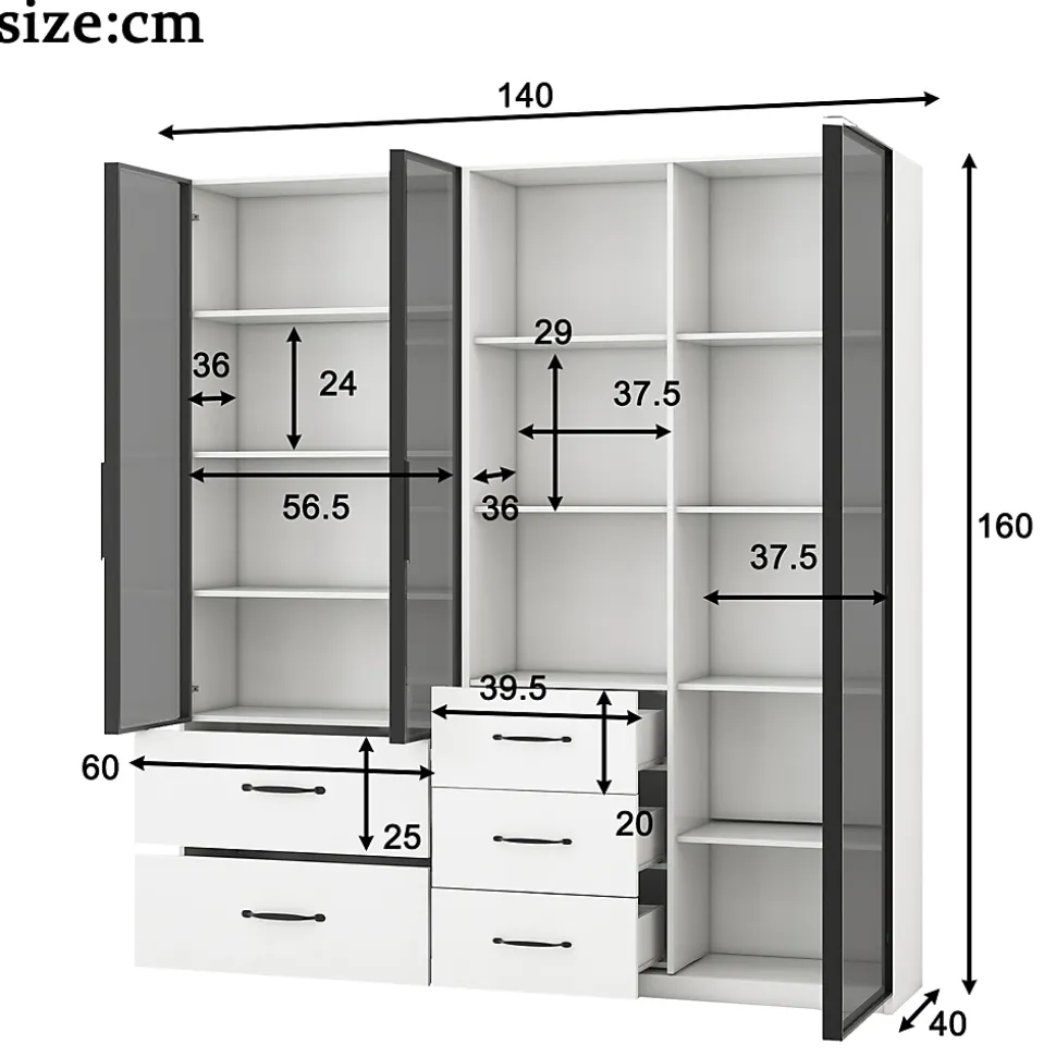 Vitrine en verre 140x40x160 cm - Avec éclairage LED - 3 portes vitrées et 5 tiroirs - Avec étagères ouvertes -Blanc