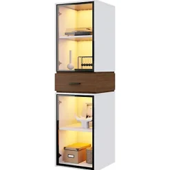 Vitrine en verre 40x40x200 cm - Avec éclairage LED - 2 portes vitrées et 1 tiroir - MDF+verre - Blanc