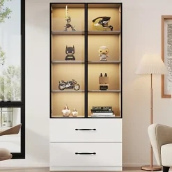 Vitrine en verre 60x40x160 cm - Avec éclairage LED - 2 portes vitrées et 2 tiroirs - Structure en alliage d'aluminium - Blanc