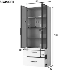 Vitrine en verre 60x40x160 cm - Avec éclairage LED - 2 portes vitrées et 2 tiroirs - Structure en alliage d'aluminium - Blanc