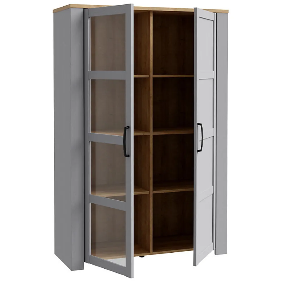 Vitrine H161 cm décor chêne et gris clair avec poignées noir - ANTIBES