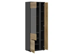 Vitrine haute à 3 portes et décor lamelles,coloris Chêne/Noir - Longueur 70 x Profondeur 39,5 x Hauteur 196 cm