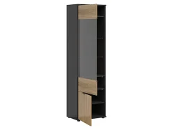 Vitrine haute à 2 portes et décor lamelles,coloris Chêne/Noir - Longueur 57 x Profondeur 39,5 x Hauteur 196 cm