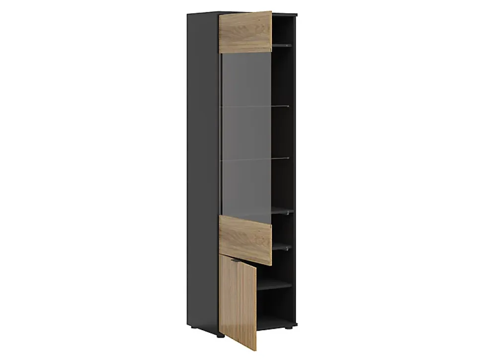 Vitrine haute à 2 portes et décor lamelles,coloris Chêne/Noir - Longueur 57 x Profondeur 39,5 x Hauteur 196 cm
