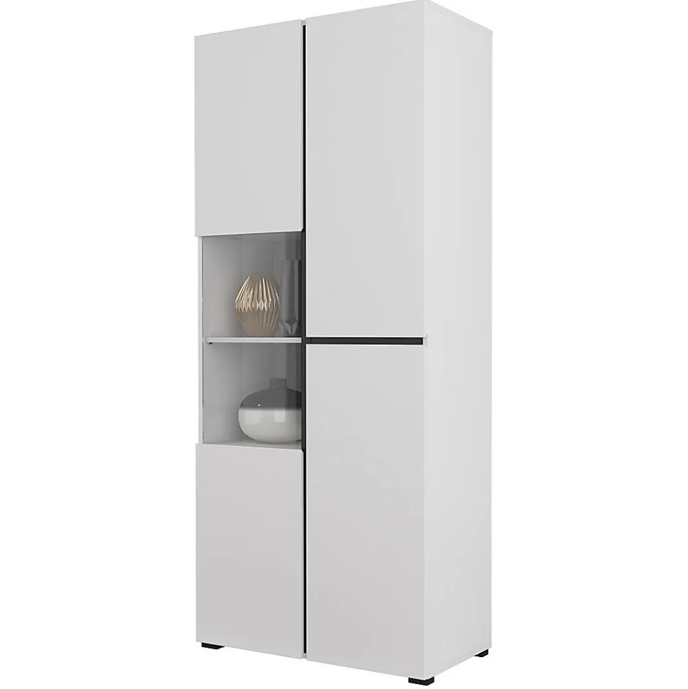 Vitrine haute 2 portes collection HAVANA avec LED intégrée. Coloris blanc et noir.