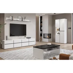 Vitrine haute 2 portes collection HAVANA avec LED intégrée. Coloris blanc et noir.