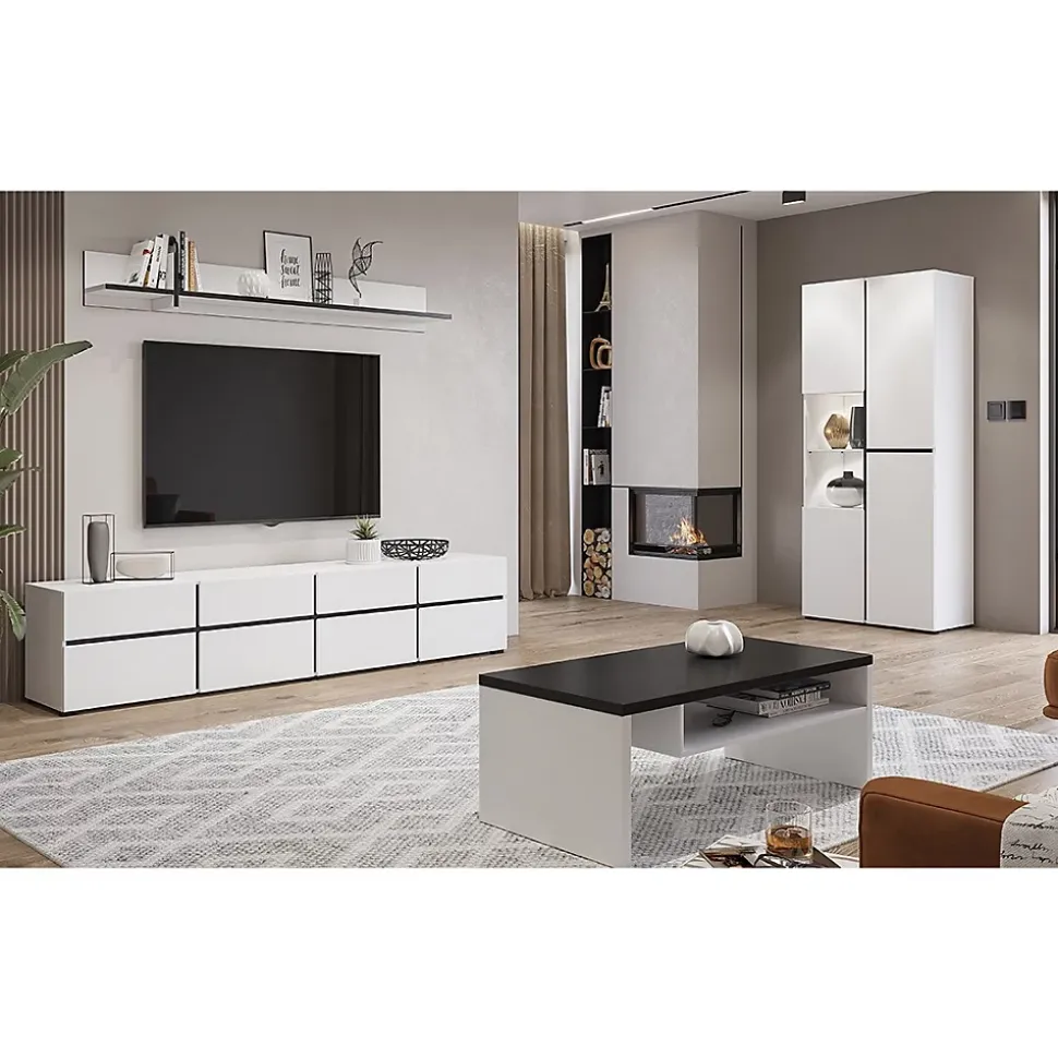 Vitrine haute 2 portes collection HAVANA avec LED intégrée. Coloris blanc et noir.