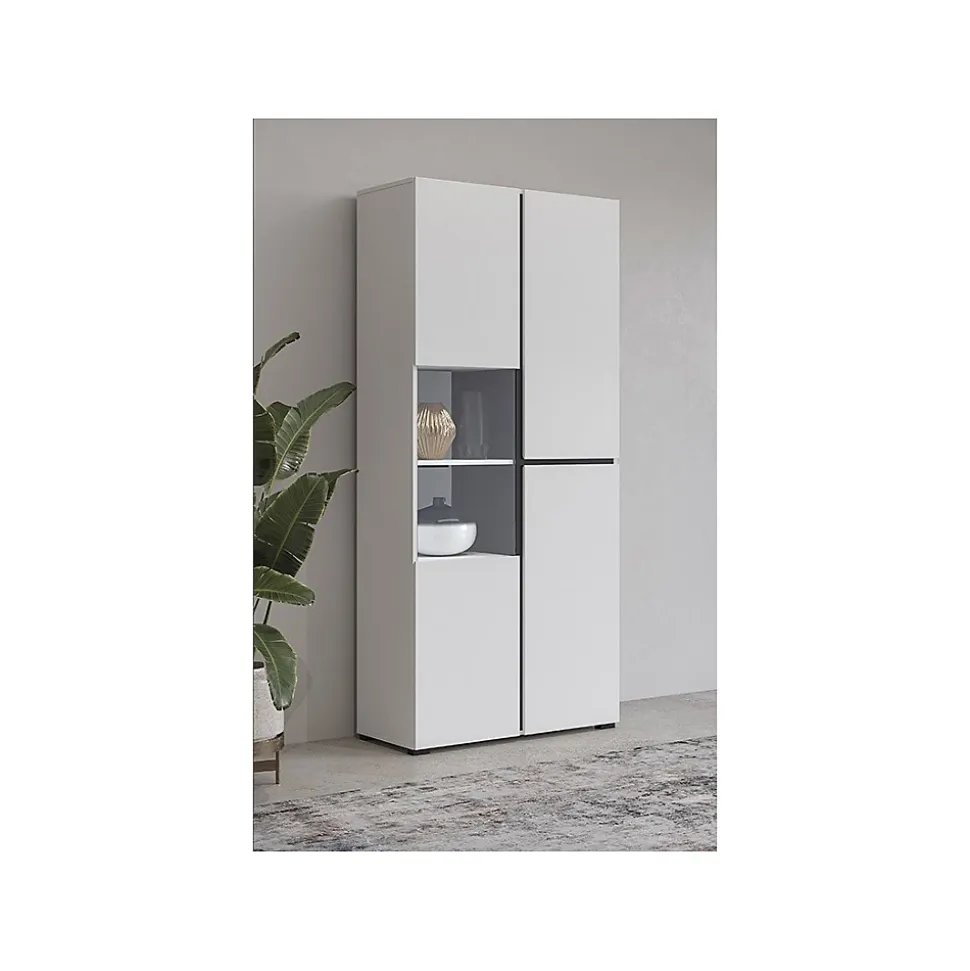 Vitrine haute 2 portes collection HAVANA avec LED intégrée. Coloris blanc et noir.