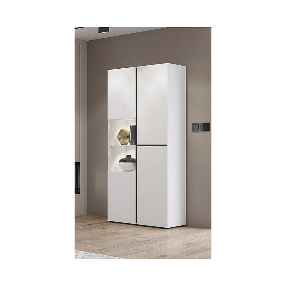 Vitrine haute 2 portes collection HAVANA avec LED intégrée. Coloris blanc et noir.