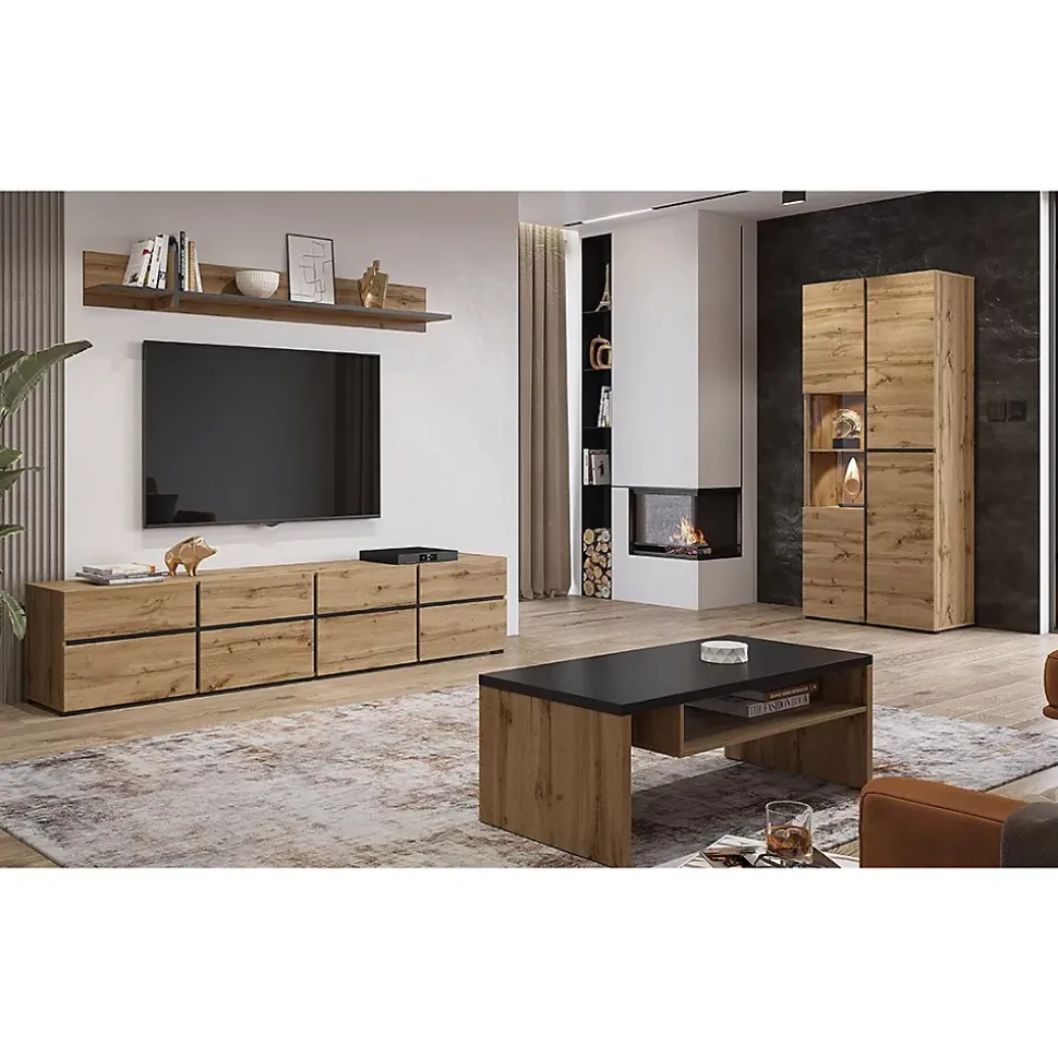 Vitrine haute 2 portes collection HAVANA. Coloris chene et noir.