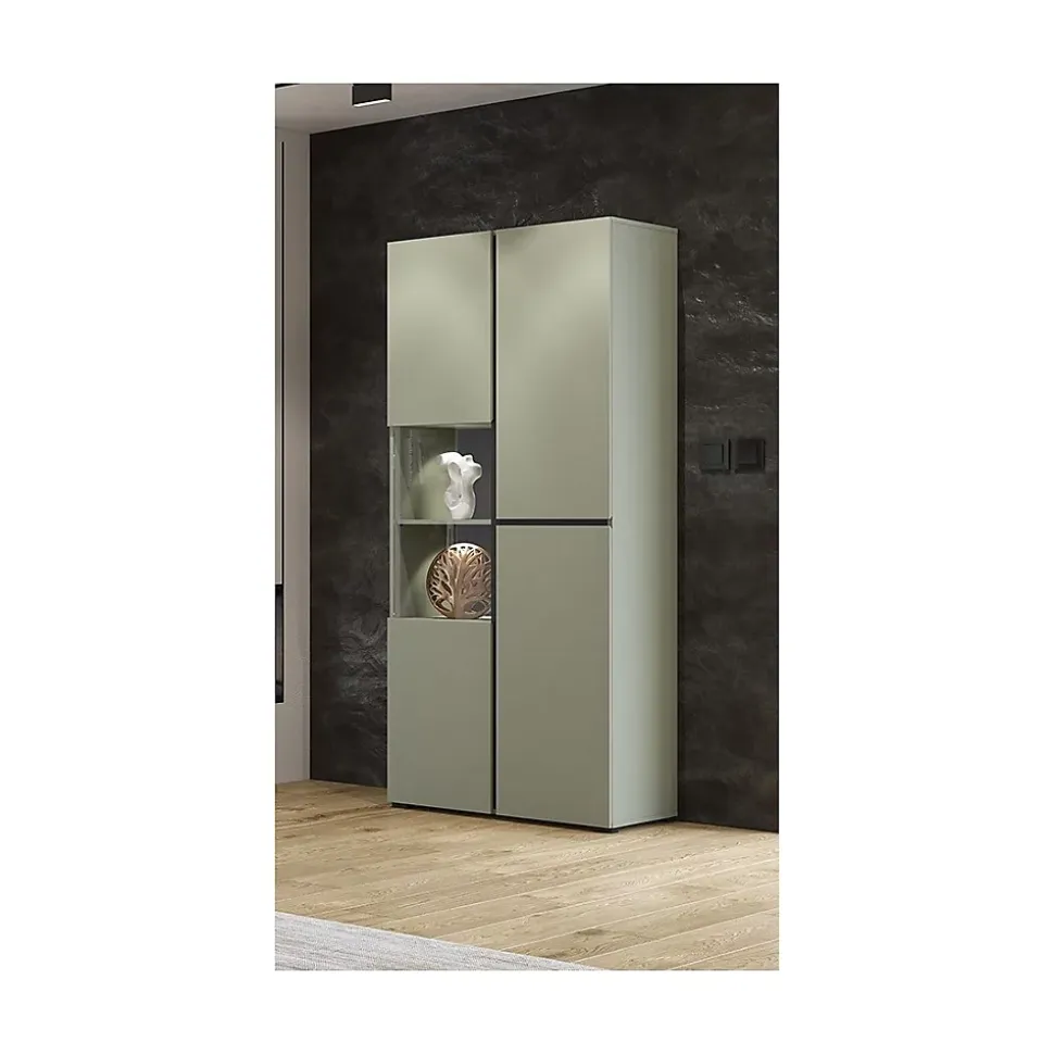 Vitrine haute 2 portes collection HAVANA avec LED intégrée. Coloris sauge et noir.