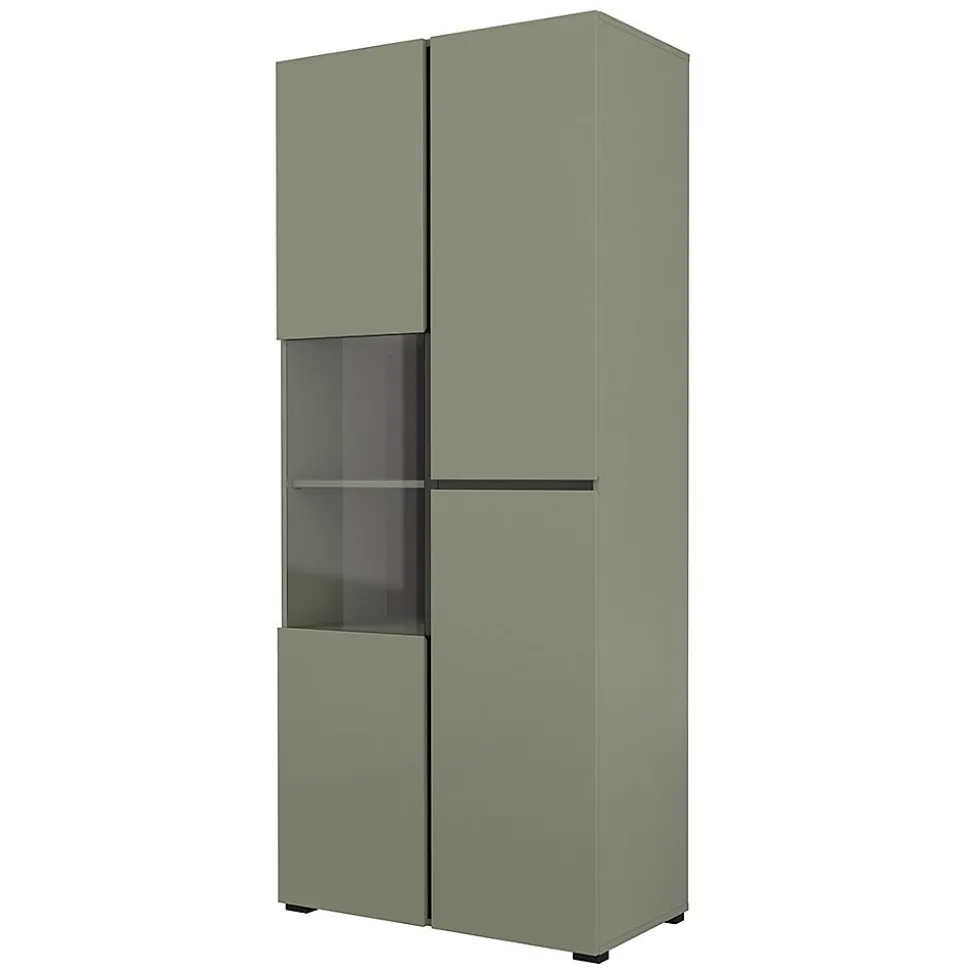 Vitrine haute 2 portes collection HAVANA avec LED intégrée. Coloris sauge et noir.