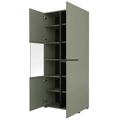 Vitrine haute 2 portes collection HAVANA avec LED intégrée. Coloris sauge et noir.