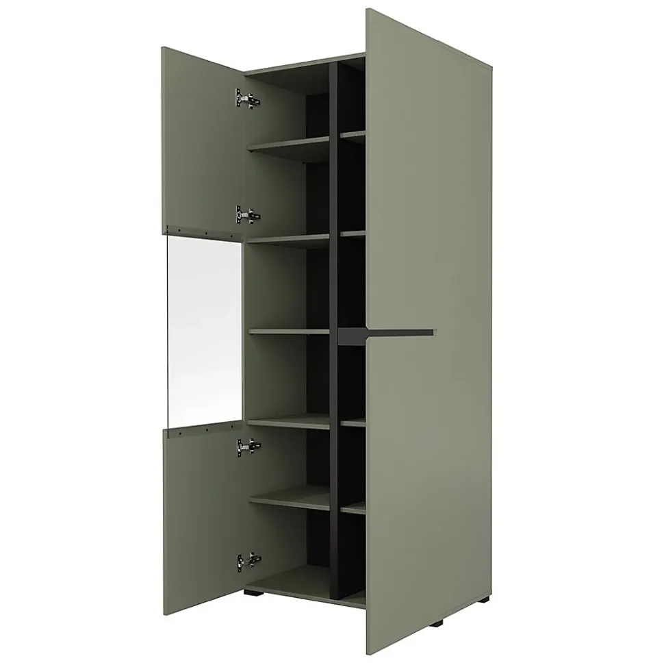 Vitrine haute 2 portes collection HAVANA avec LED intégrée. Coloris sauge et noir.