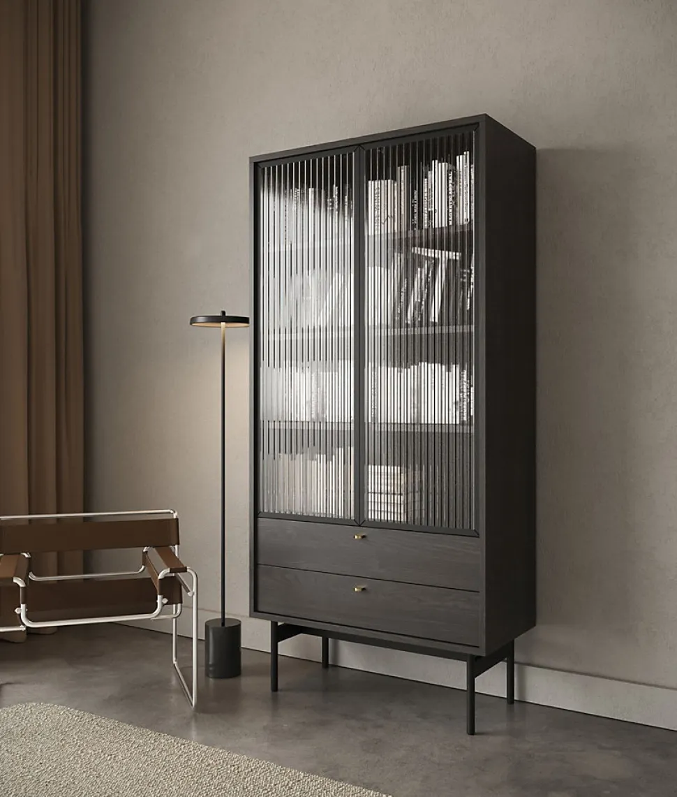 Vitrine haute 2 tiroirs 85 cm noir Olar