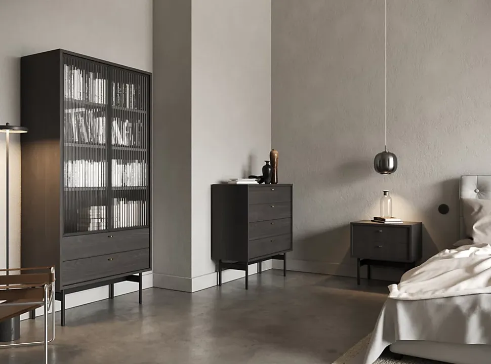 Vitrine haute 2 tiroirs 85 cm noir Olar