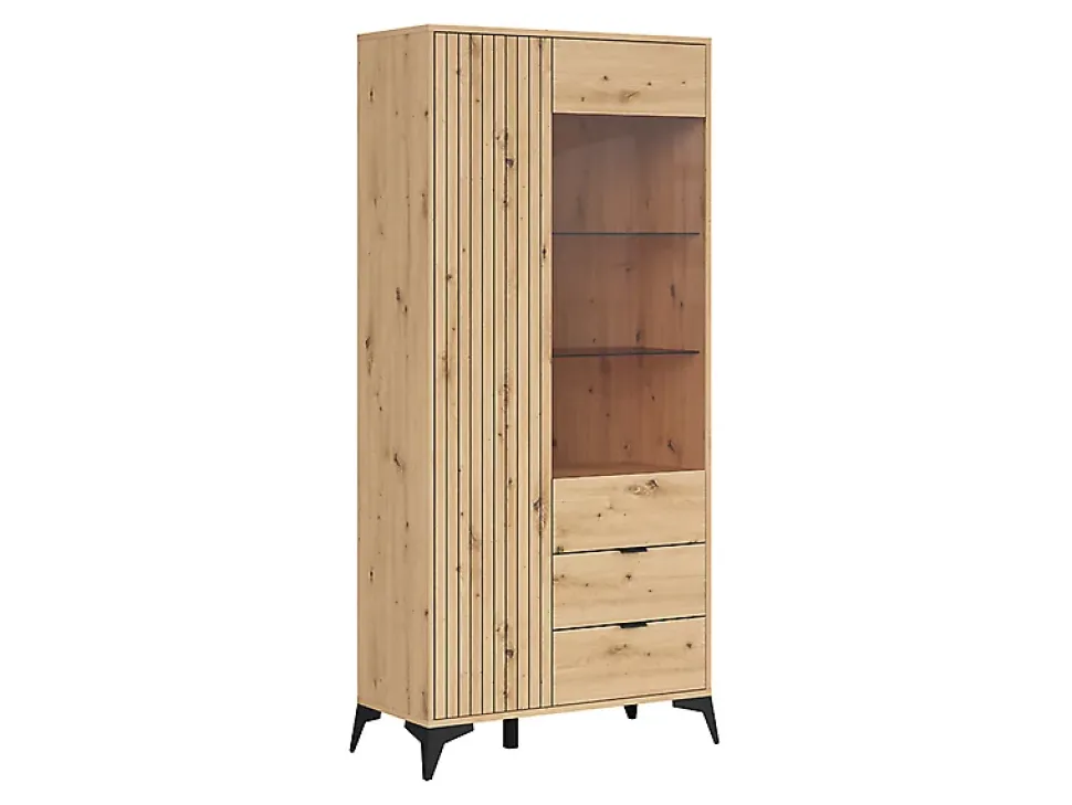 Vitrine haute avec 2 portes et 2 tiroirs,coloris Chêne artisan - Longueur 90 x Profondeur 41 x Hauteur 197 cm