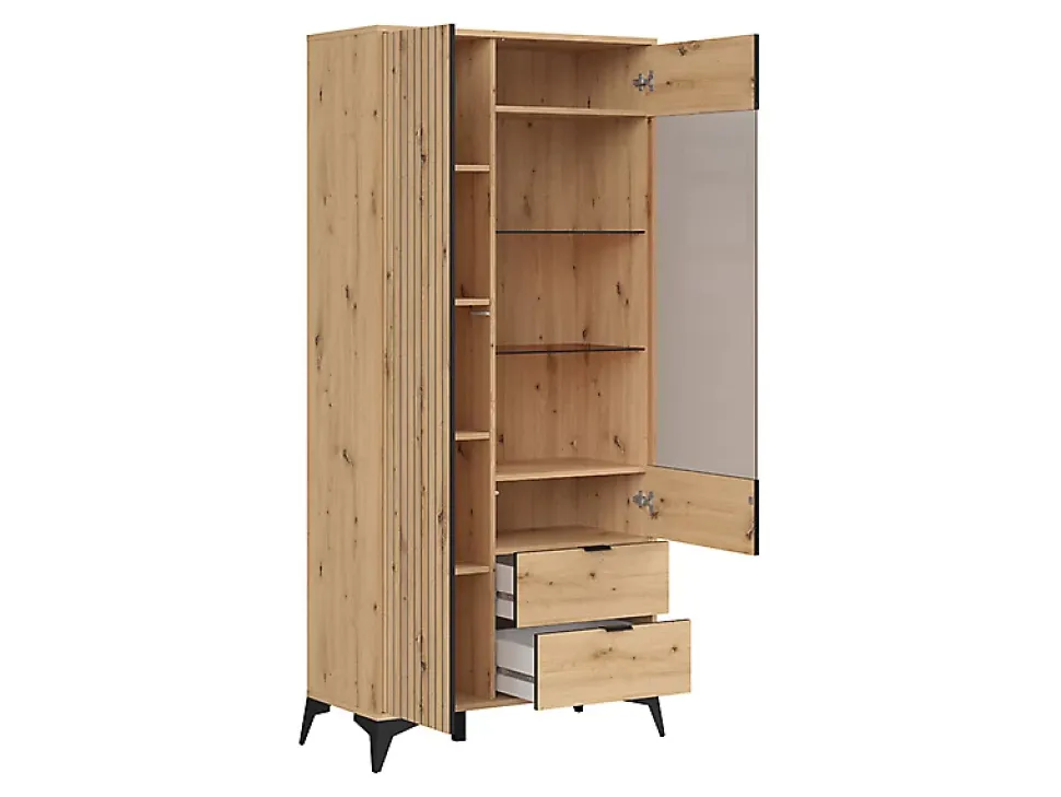 Vitrine haute avec 2 portes et 2 tiroirs,coloris Chêne artisan - Longueur 90 x Profondeur 41 x Hauteur 197 cm