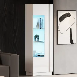 Vitrine Haute avec Éclairage LED Blanc Brillant, Moderne avec 3 Étages en Verre et 5 Espaces de Rangement, Blanc, 60x40x180 cm