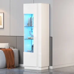 Vitrine Haute avec Éclairage LED Blanc Brillant, Moderne avec 3 Étages en Verre et 5 Espaces de Rangement, Blanc, 60x40x180 cm