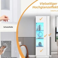 Vitrine Haute avec Éclairage LED Blanc Brillant, Moderne avec 3 Étages en Verre et 5 Espaces de Rangement, Blanc, 60x40x180 cm