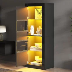 Vitrine Haute Brillante avec LED et Étagères en Verre Réglables, Meuble de Salon en Panneaux de Particules - 61x42x162 cm - Noir