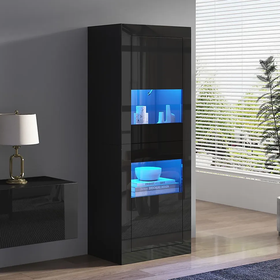 Vitrine Haute Brillante avec LED et Étagères en Verre Réglables, Meuble de Salon en Panneaux de Particules - 61x42x162 cm - Noir