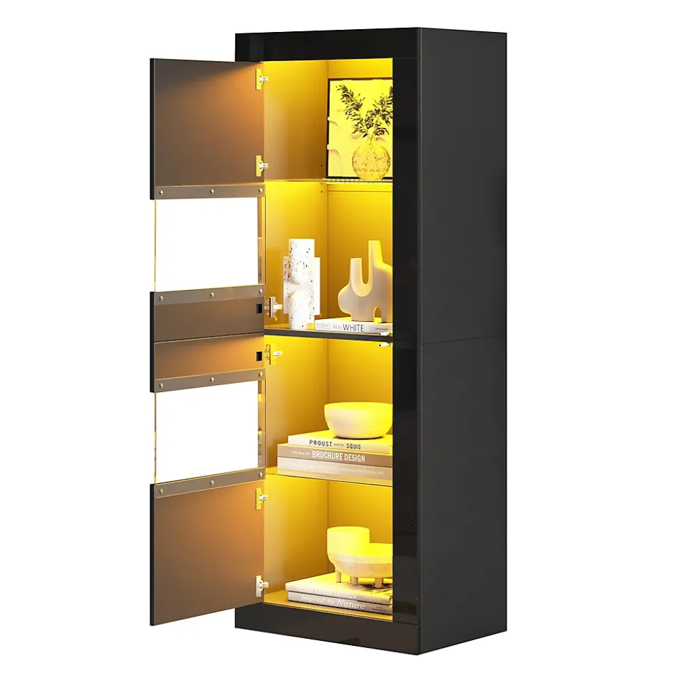 Vitrine Haute Brillante avec LED et Étagères en Verre Réglables, Meuble de Salon en Panneaux de Particules - 61x42x162 cm - Noir