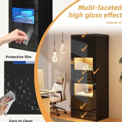 Vitrine Haute Brillante avec LED et Étagères en Verre Réglables, Meuble de Salon en Panneaux de Particules - 61x42x162 cm - Noir