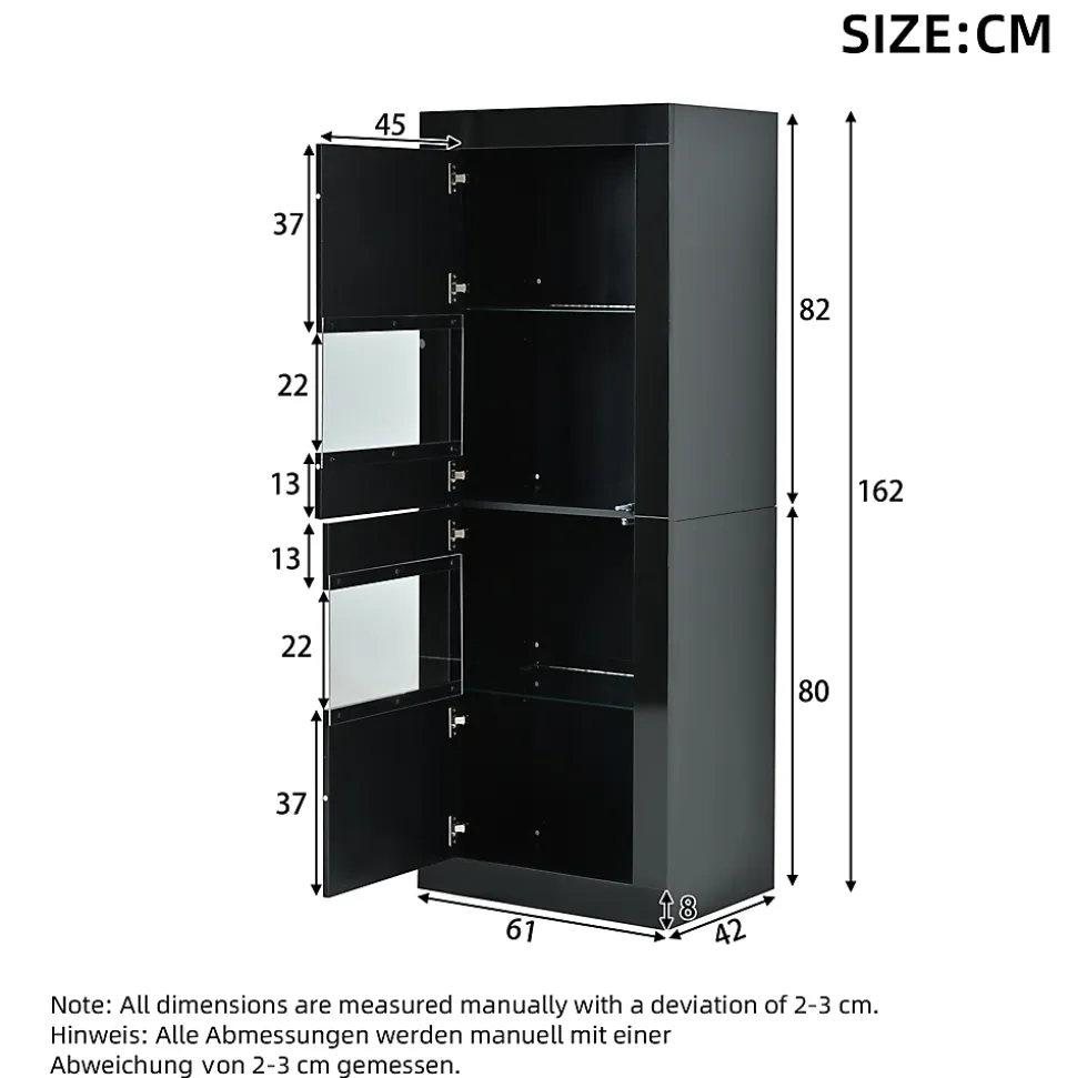 Vitrine Haute Brillante avec LED et Étagères en Verre Réglables, Meuble de Salon en Panneaux de Particules - 61x42x162 cm - Noir