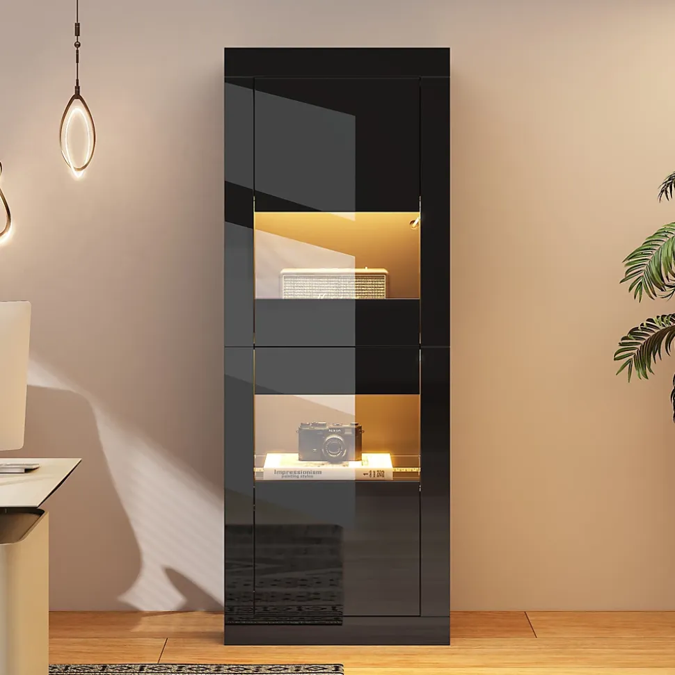 Vitrine Haute Brillante avec LED et Étagères en Verre Réglables, Meuble de Salon en Panneaux de Particules - 61x42x162 cm - Noir