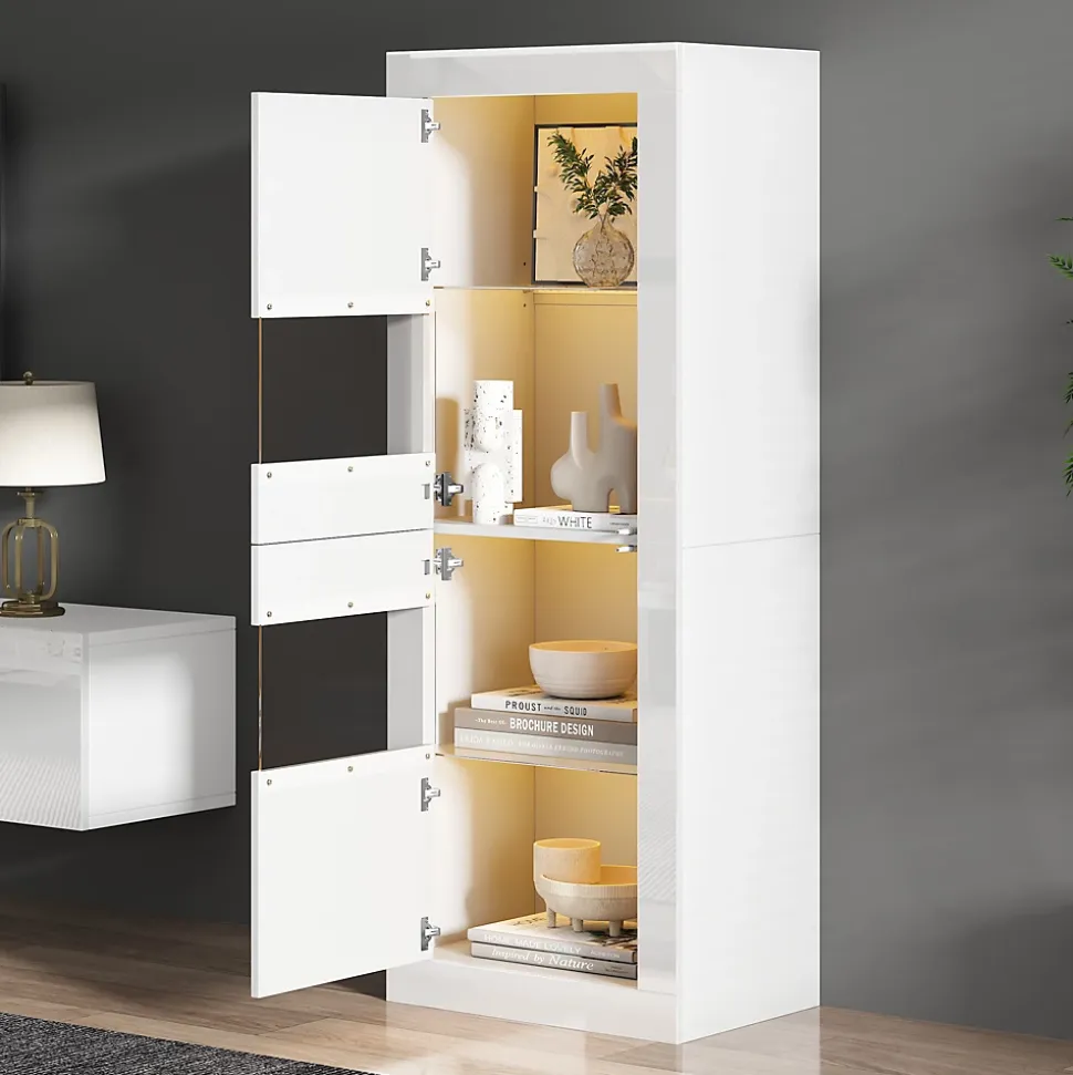 Vitrine Haute Brillante avec 2 Portes et 3 Étagères Ajustables, Verre Trempé & Panneau de Particules - Blanc - 61x42x162 cm