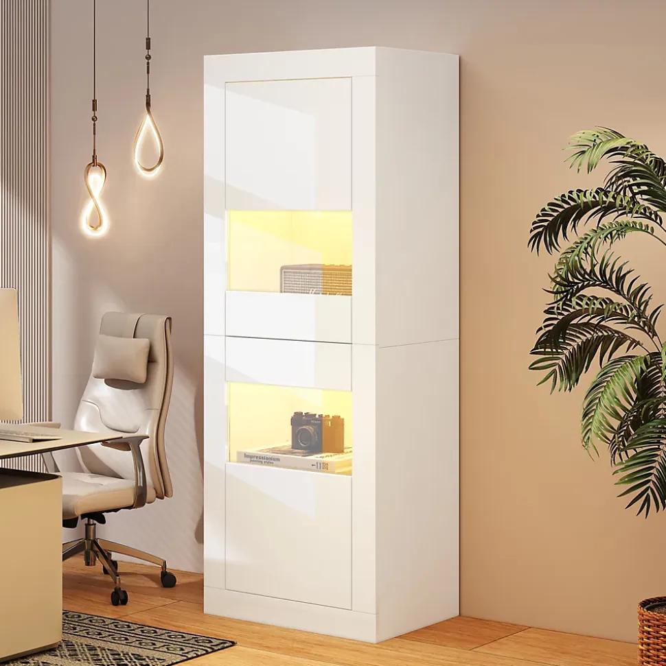 Vitrine Haute Brillante avec 2 Portes et 3 Étagères Ajustables, Verre Trempé & Panneau de Particules - Blanc - 61x42x162 cm