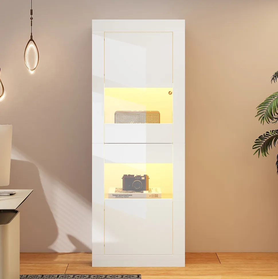 Vitrine Haute Brillante avec 2 Portes et 3 Étagères Ajustables, Verre Trempé & Panneau de Particules - Blanc - 61x42x162 cm