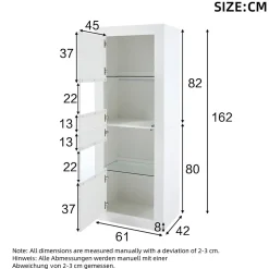 Vitrine Haute Brillante avec 2 Portes et 3 Étagères Ajustables, Verre Trempé & Panneau de Particules - Blanc - 61x42x162 cm