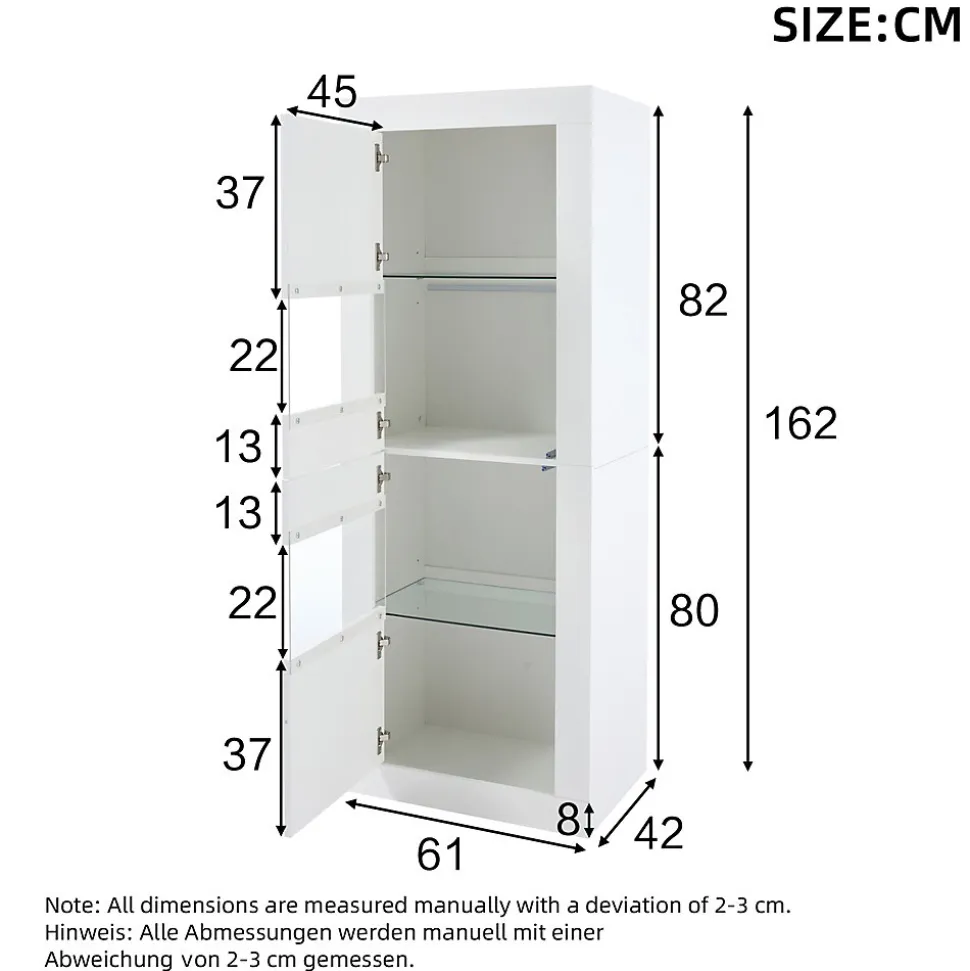 Vitrine Haute Brillante avec 2 Portes et 3 Étagères Ajustables, Verre Trempé & Panneau de Particules - Blanc - 61x42x162 cm