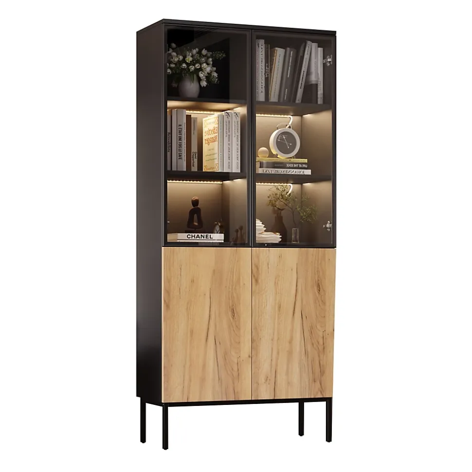 Vitrine Haute Salon avec 5 Étagères en Verre et LED Intégrée - Bois Noir/Chêne, Cadre Aluminium, Métal - 74x31x180 cm