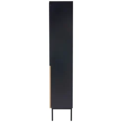 Vitrine Haute Salon avec 5 Étagères en Verre et LED Intégrée - Bois Noir/Chêne, Cadre Aluminium, Métal - 74x31x180 cm