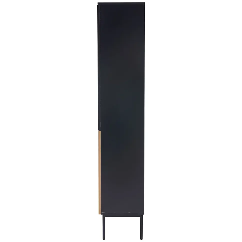 Vitrine Haute Salon avec 5 Étagères en Verre et LED Intégrée - Bois Noir/Chêne, Cadre Aluminium, Métal - 74x31x180 cm