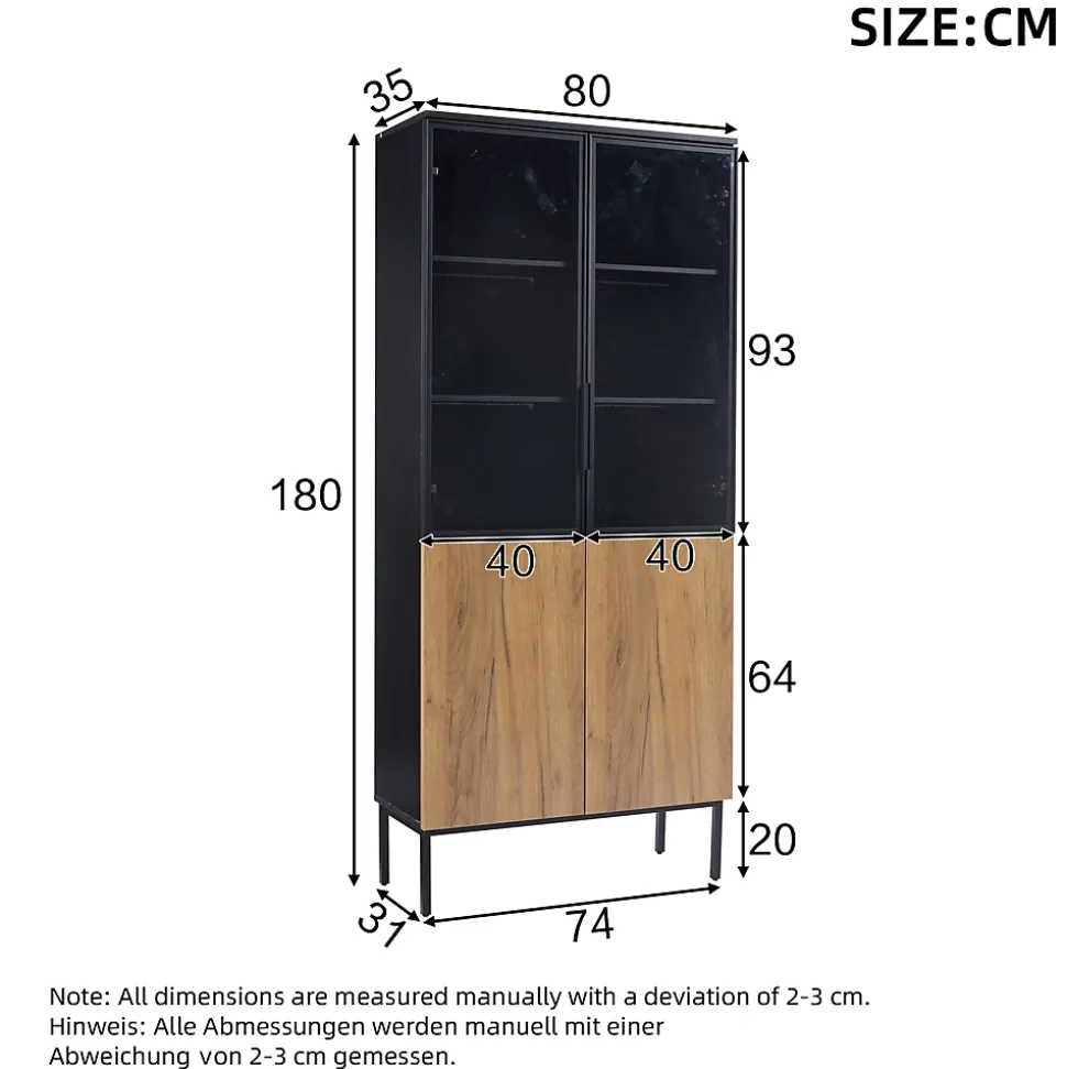 Vitrine Haute Salon avec 5 Étagères en Verre et LED Intégrée - Bois Noir/Chêne, Cadre Aluminium, Métal - 74x31x180 cm