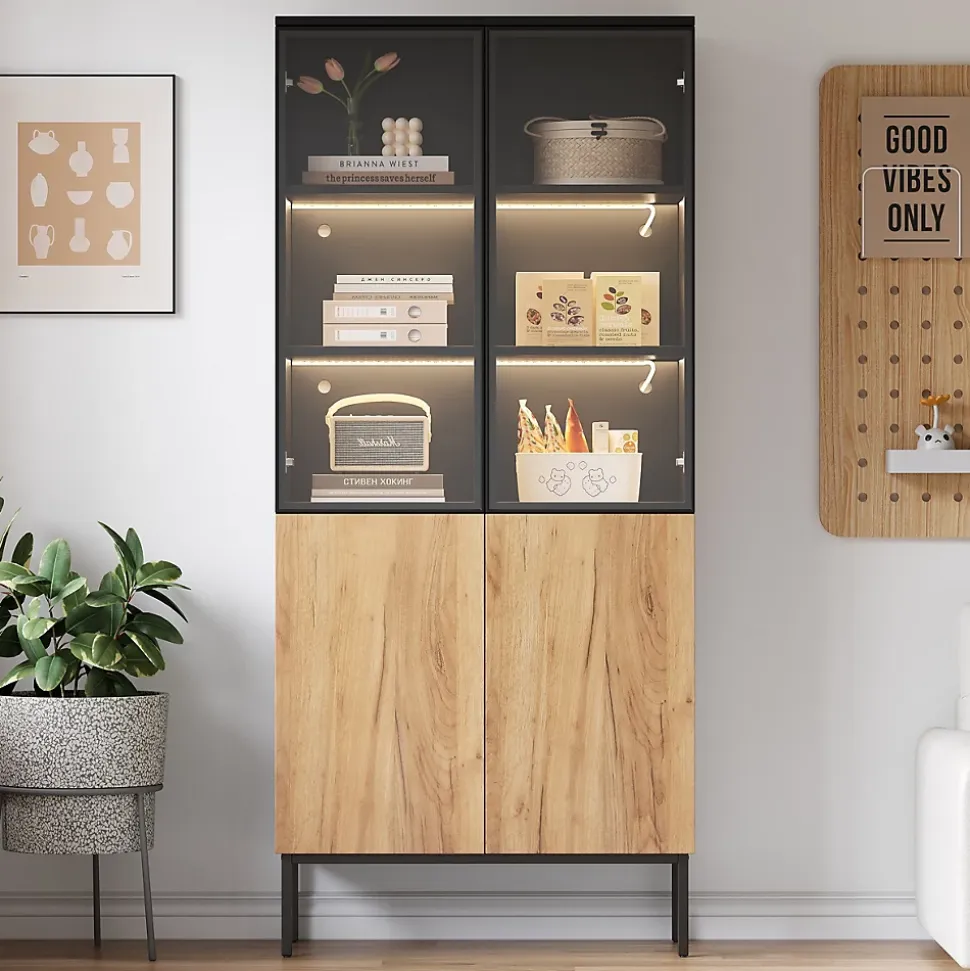 Vitrine Haute Salon avec 5 Étagères en Verre et LED Intégrée - Bois Noir/Chêne, Cadre Aluminium, Métal - 74x31x180 cm