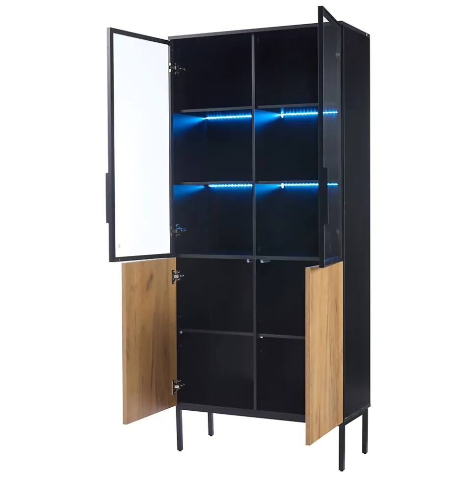 Vitrine Haute Salon avec 5 Étagères en Verre et LED Intégrée - Bois Noir/Chêne, Cadre Aluminium, Métal - 74x31x180 cm